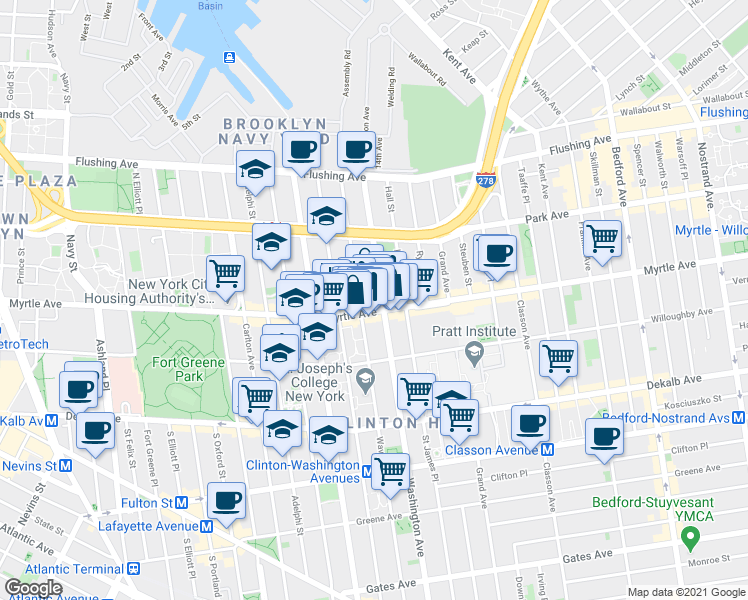 map of restaurants, bars, coffee shops, grocery stores, and more near 146 Waverly Avenue in Brooklyn