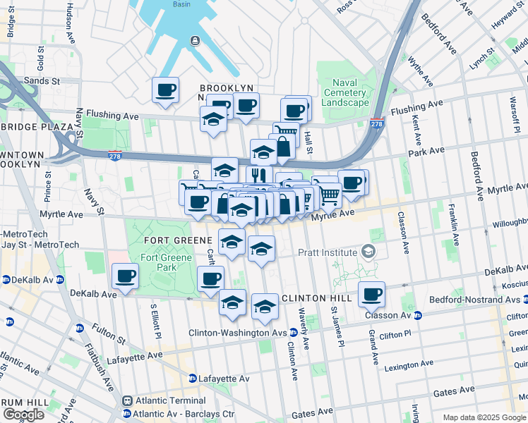 map of restaurants, bars, coffee shops, grocery stores, and more near 132 Clinton Avenue in Brooklyn