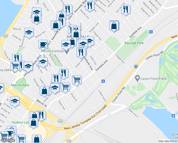 map of restaurants, bars, coffee shops, grocery stores, and more near in Jersey City