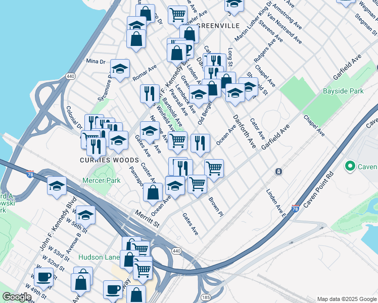 map of restaurants, bars, coffee shops, grocery stores, and more near 124 Old Bergen Road in Jersey City