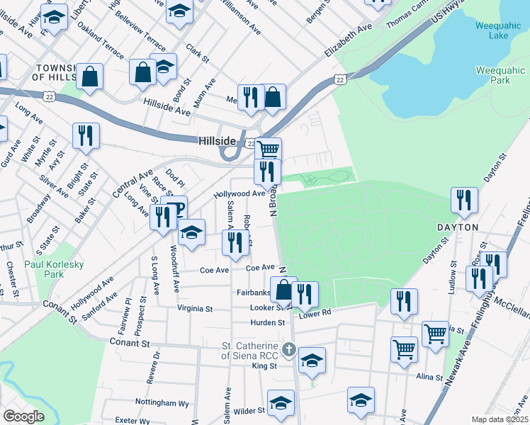 map of restaurants, bars, coffee shops, grocery stores, and more near 1270 North Broad Street in Hillside