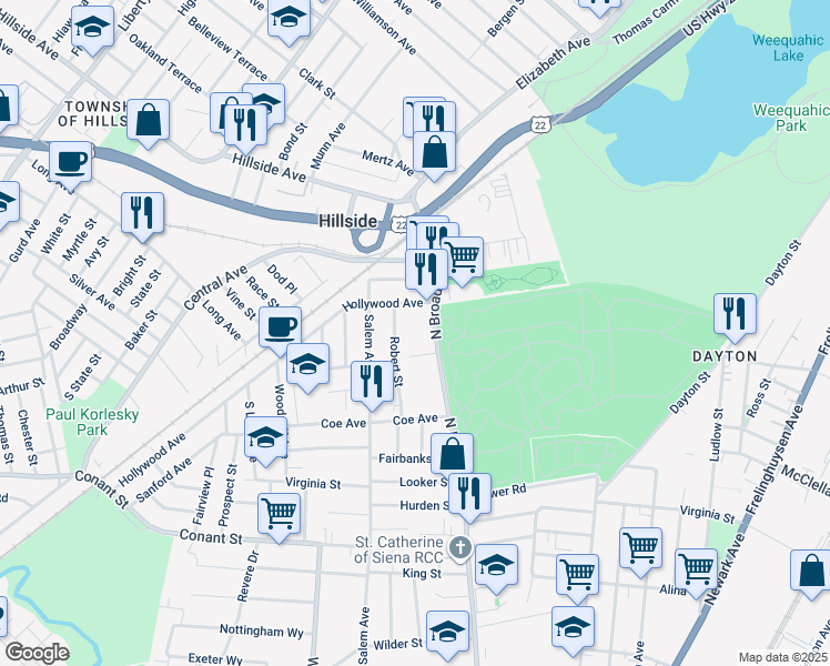 map of restaurants, bars, coffee shops, grocery stores, and more near 1270 North Broad Street in Hillside