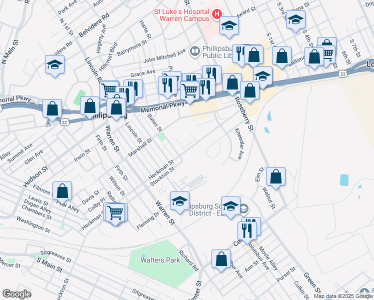 map of restaurants, bars, coffee shops, grocery stores, and more near 400 Heckman St in Phillipsburg