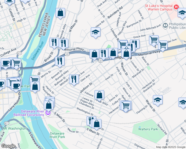 map of restaurants, bars, coffee shops, grocery stores, and more near 49 Schultz Avenue in Phillipsburg