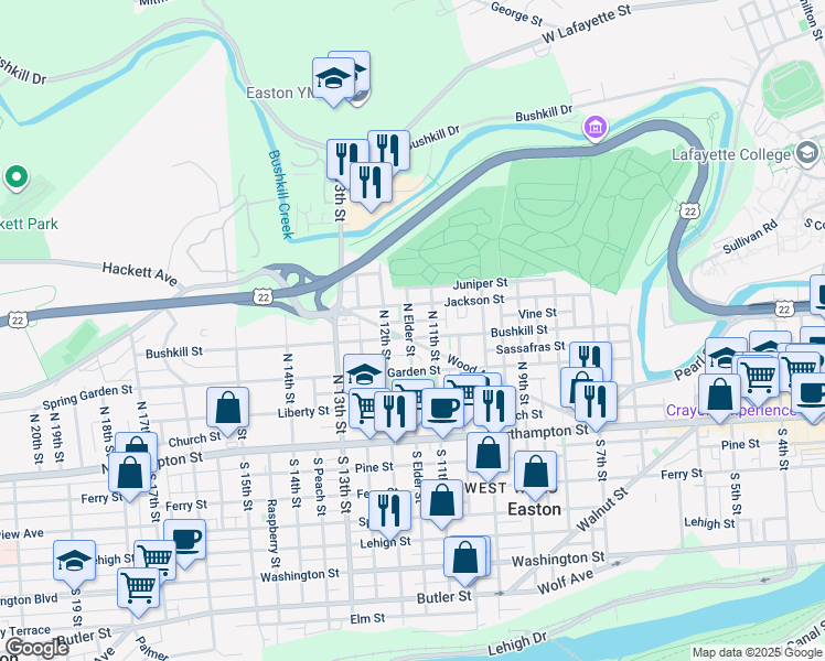 map of restaurants, bars, coffee shops, grocery stores, and more near 300 North 11th Street in Easton