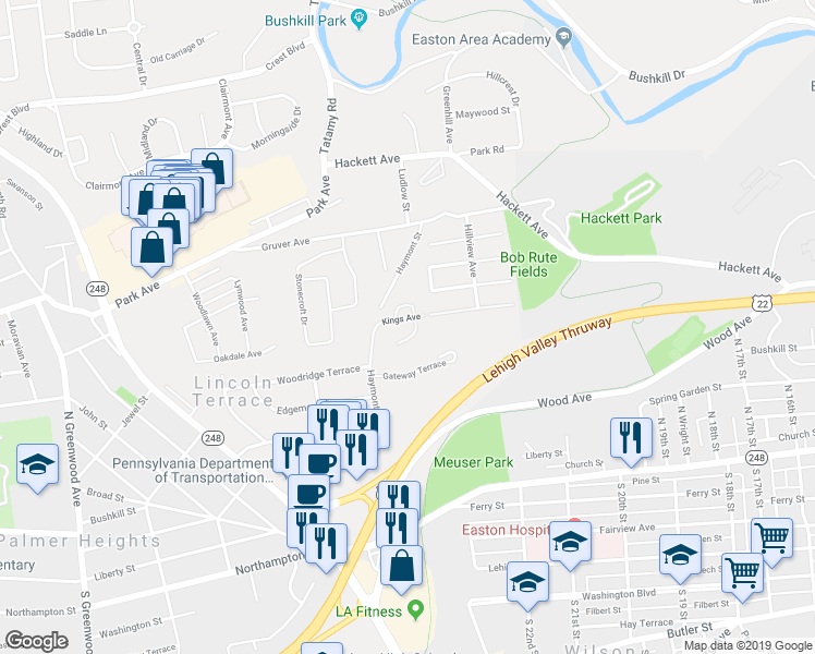 map of restaurants, bars, coffee shops, grocery stores, and more near 40 Hillside Court North in Easton