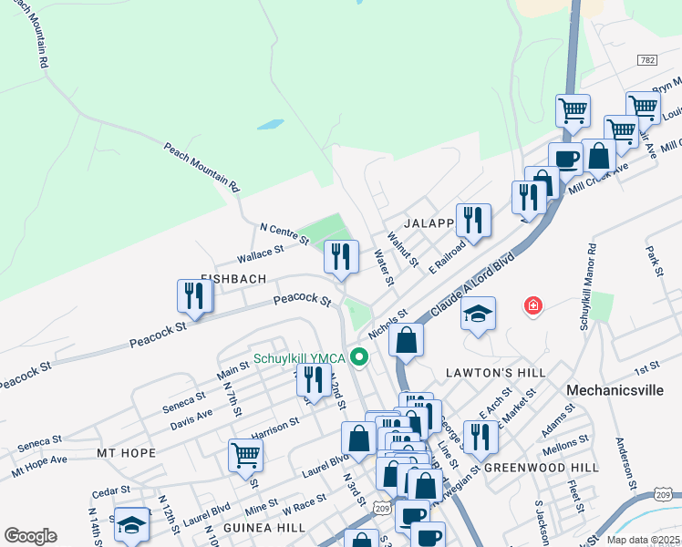 map of restaurants, bars, coffee shops, grocery stores, and more near 713 North Centre Street in Pottsville
