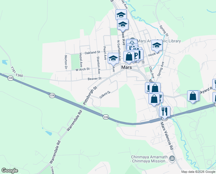 map of restaurants, bars, coffee shops, grocery stores, and more near 500 Wittenberg Way in Mars
