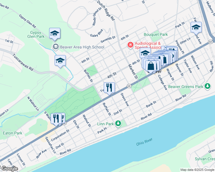 map of restaurants, bars, coffee shops, grocery stores, and more near 1097 Turnpike Street in Beaver