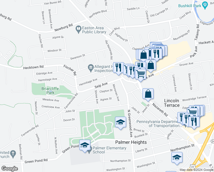map of restaurants, bars, coffee shops, grocery stores, and more near 2606 Seip Avenue in Easton
