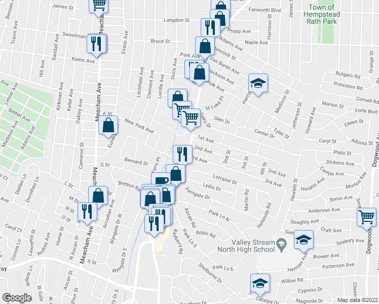map of restaurants, bars, coffee shops, grocery stores, and more near 527 Franklin Avenue in Franklin Square