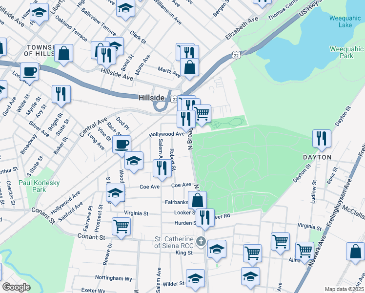 map of restaurants, bars, coffee shops, grocery stores, and more near 1270 North Broad Street in Hillside