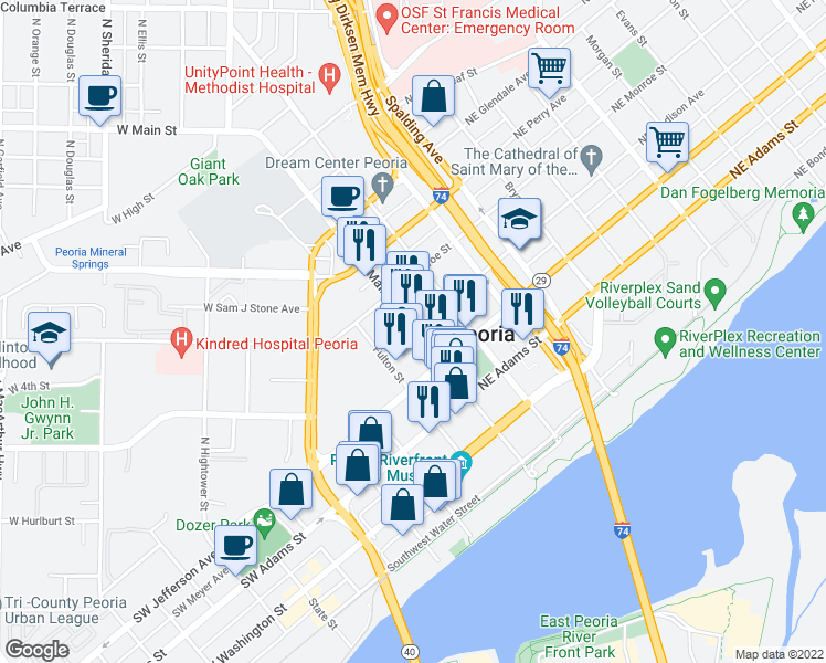 map of restaurants, bars, coffee shops, grocery stores, and more near 108 Southwest Madison Avenue in Peoria
