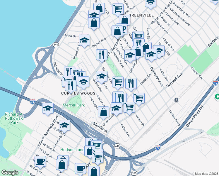 map of restaurants, bars, coffee shops, grocery stores, and more near 166 Seaview Avenue in Jersey City