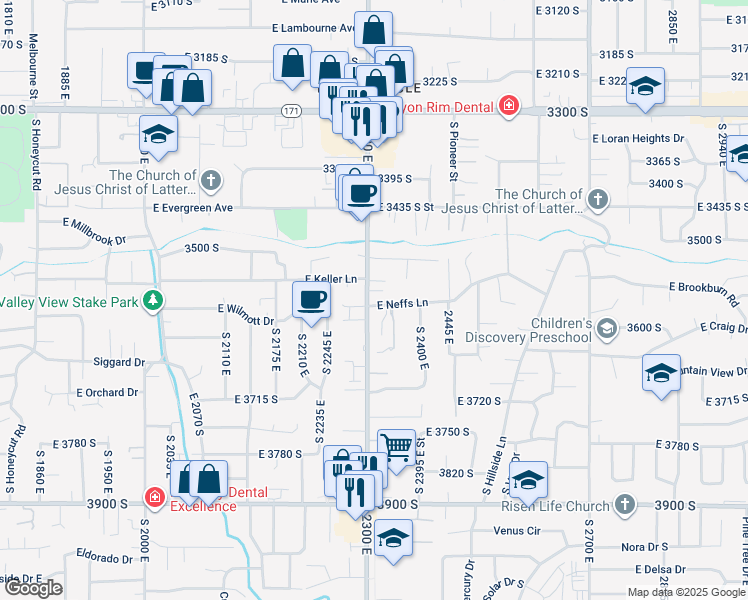 map of restaurants, bars, coffee shops, grocery stores, and more near 2334 East Neffs Lane in Salt Lake City