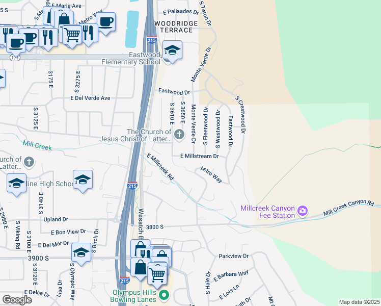 map of restaurants, bars, coffee shops, grocery stores, and more near 3660 East Millstream Drive in Salt Lake City