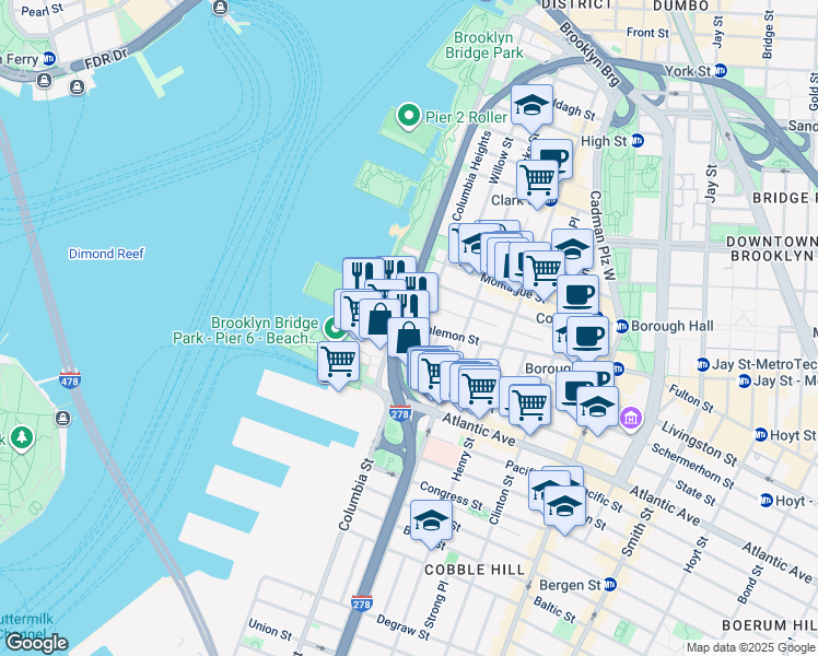 map of restaurants, bars, coffee shops, grocery stores, and more near 360 Furman Street in Brooklyn