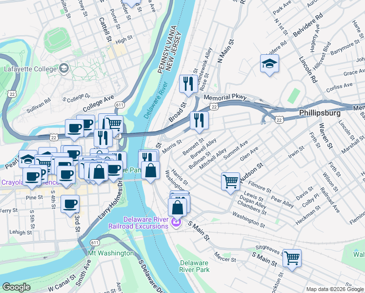 map of restaurants, bars, coffee shops, grocery stores, and more near 35A Bennett Street in Phillipsburg