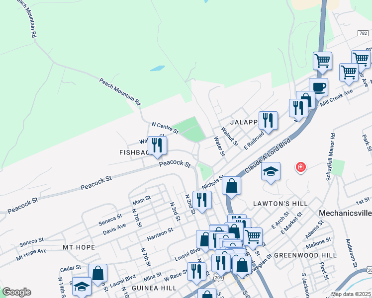 map of restaurants, bars, coffee shops, grocery stores, and more near 130 West Railroad Street in Pottsville