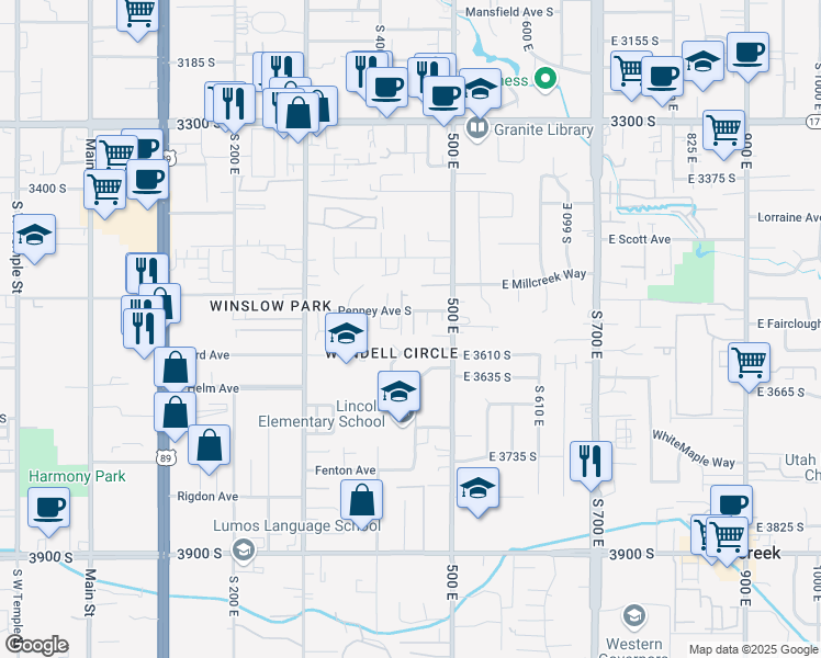 map of restaurants, bars, coffee shops, grocery stores, and more near 448 Penney Avenue South in South Salt Lake