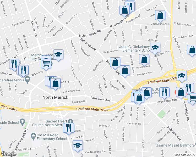 map of restaurants, bars, coffee shops, grocery stores, and more near 40 Roydon Drive East in Merrick