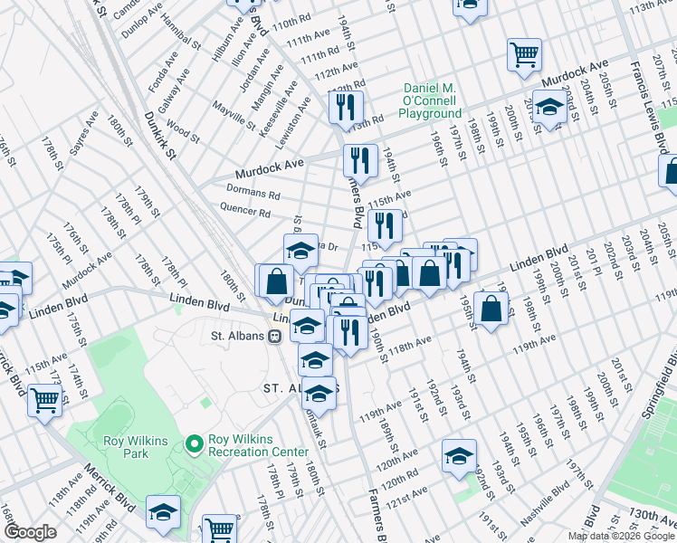 map of restaurants, bars, coffee shops, grocery stores, and more near 116-08 Farmers Boulevard in Queens