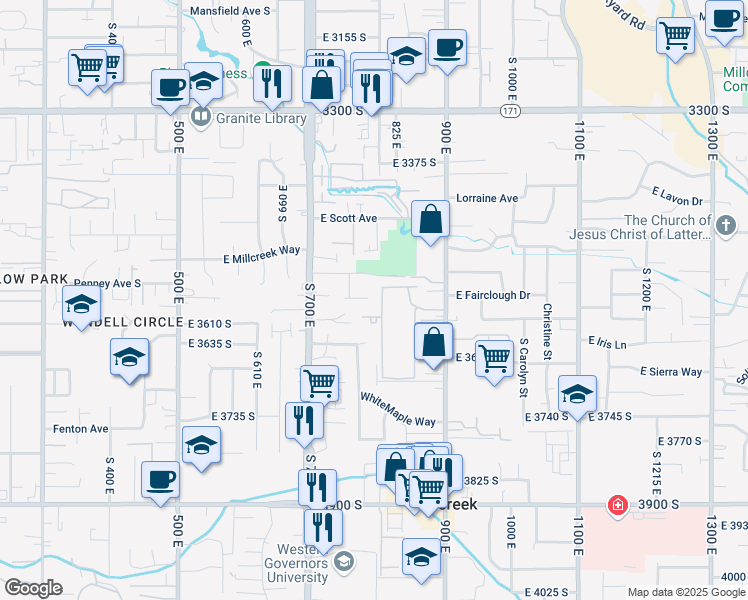 map of restaurants, bars, coffee shops, grocery stores, and more near 788 East Empire Circle in Millcreek