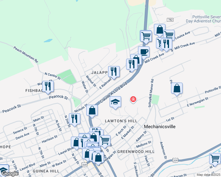 map of restaurants, bars, coffee shops, grocery stores, and more near 411 Nichols Street in Pottsville