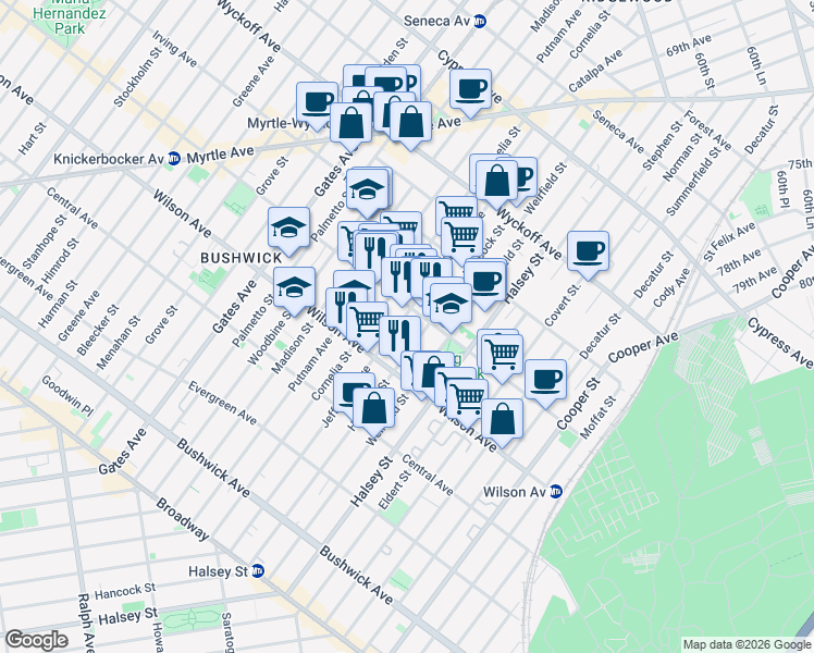 map of restaurants, bars, coffee shops, grocery stores, and more near 1352 Jefferson Avenue in Brooklyn