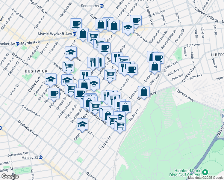 map of restaurants, bars, coffee shops, grocery stores, and more near 341 Eldert Street in Brooklyn