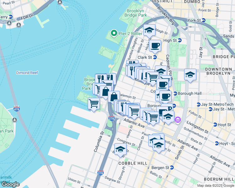 map of restaurants, bars, coffee shops, grocery stores, and more near 34 Joralemon Street in Brooklyn