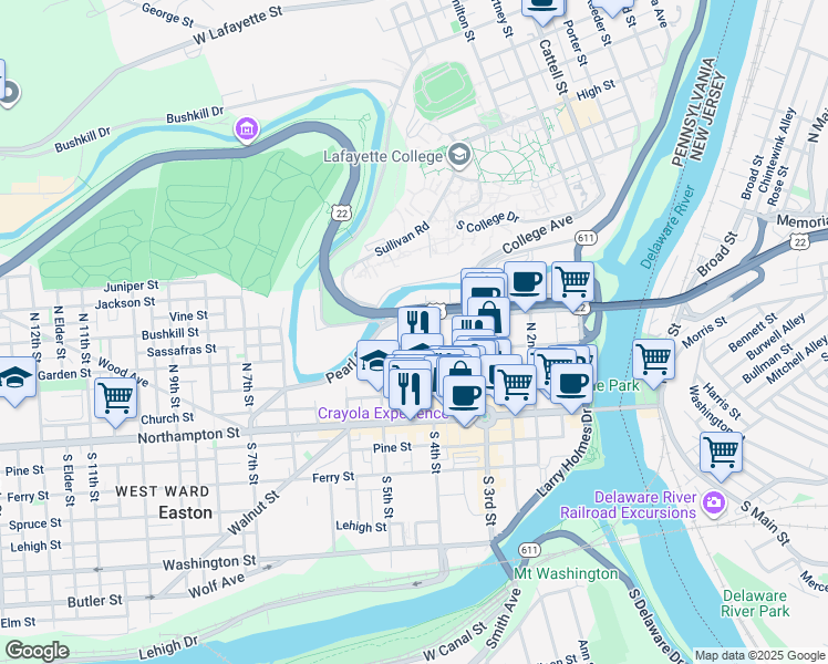 map of restaurants, bars, coffee shops, grocery stores, and more near 124 North 4th Street in Easton