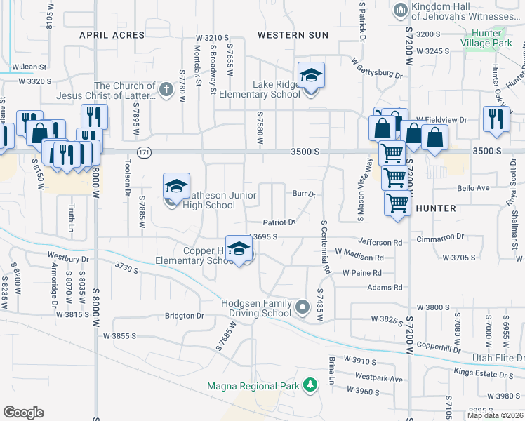 map of restaurants, bars, coffee shops, grocery stores, and more near 7590 Patriot Drive in Magna