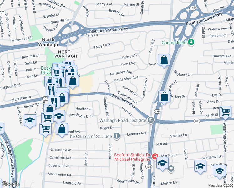 map of restaurants, bars, coffee shops, grocery stores, and more near 3568 Southview Avenue in Wantagh