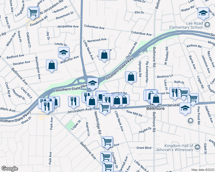 map of restaurants, bars, coffee shops, grocery stores, and more near 1121 Little Neck Avenue in North Bellmore