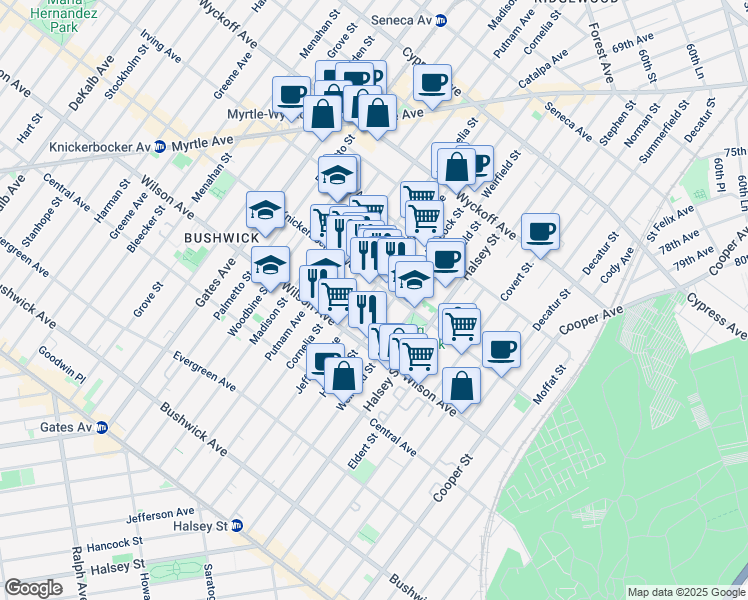 map of restaurants, bars, coffee shops, grocery stores, and more near 1336 Jefferson Avenue in Brooklyn