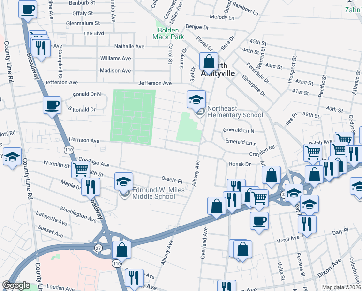 map of restaurants, bars, coffee shops, grocery stores, and more near 101 Harrison Avenue in Amityville