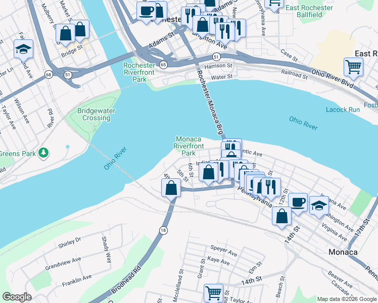 map of restaurants, bars, coffee shops, grocery stores, and more near 600 Atlantic Avenue in Monaca