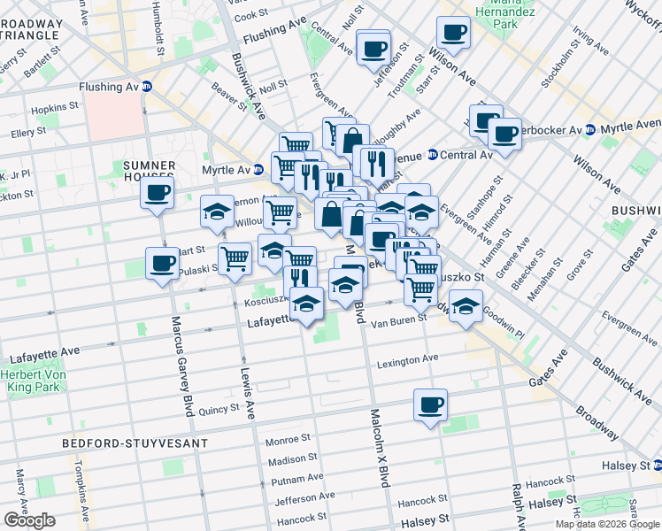 map of restaurants, bars, coffee shops, grocery stores, and more near 1066A Dekalb Avenue in Brooklyn