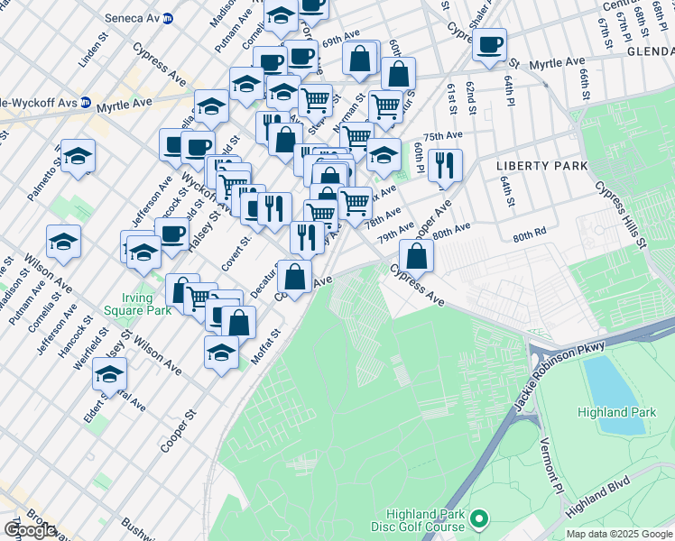map of restaurants, bars, coffee shops, grocery stores, and more near Cooper Avenue in Queens