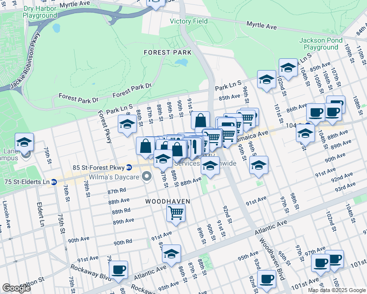 map of restaurants, bars, coffee shops, grocery stores, and more near 86-31 89th Street in Queens