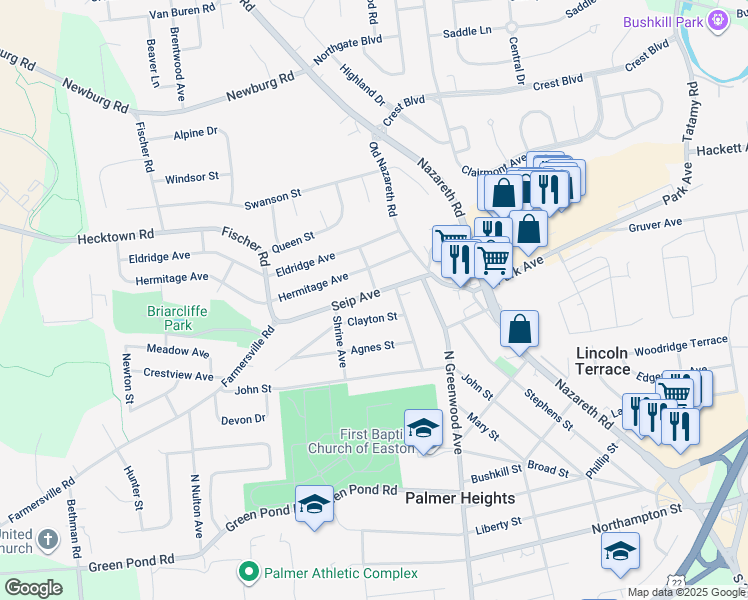 map of restaurants, bars, coffee shops, grocery stores, and more near 2606 Seip Avenue in Easton