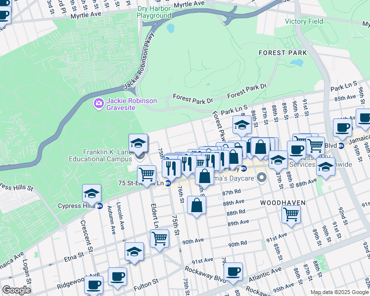 map of restaurants, bars, coffee shops, grocery stores, and more near 78-05 86th Avenue in Queens