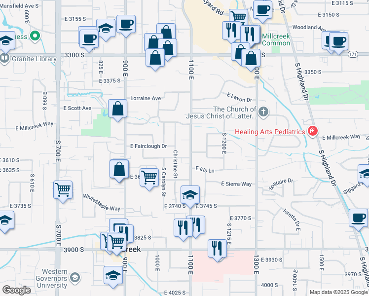 map of restaurants, bars, coffee shops, grocery stores, and more near 3562 South 1100 East in Millcreek