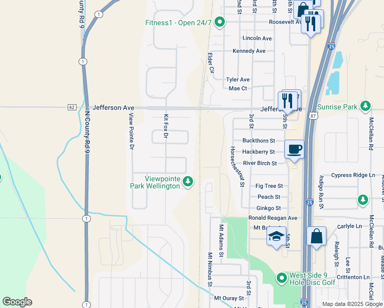 map of restaurants, bars, coffee shops, grocery stores, and more near 3540 Adams Cir in Wellington