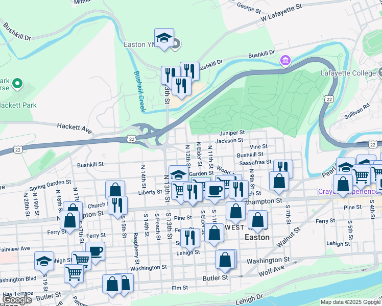 map of restaurants, bars, coffee shops, grocery stores, and more near 1203 Bushkill Street in Easton