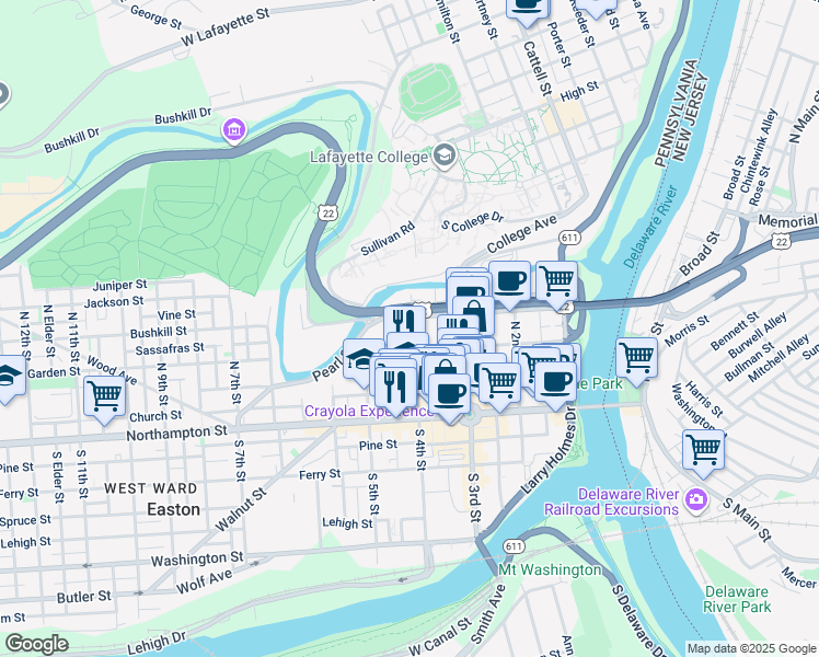 map of restaurants, bars, coffee shops, grocery stores, and more near 124 North 4th Street in Easton