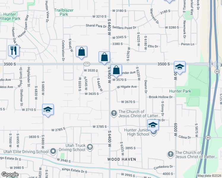 map of restaurants, bars, coffee shops, grocery stores, and more near 6386 West Higate Avenue in West Valley City