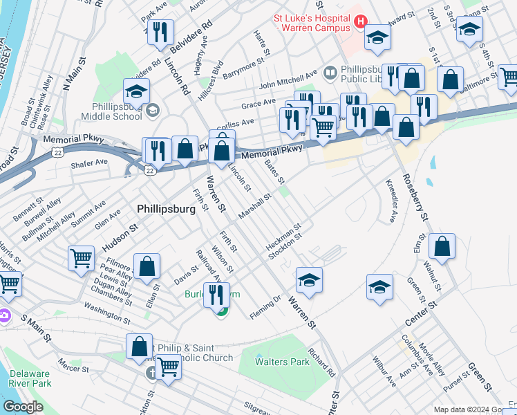 map of restaurants, bars, coffee shops, grocery stores, and more near 346 Marshall Street in Phillipsburg