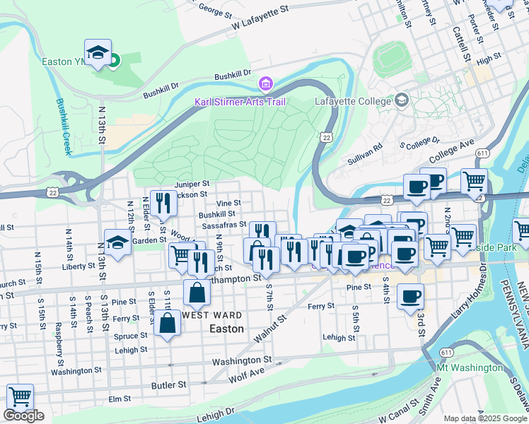 map of restaurants, bars, coffee shops, grocery stores, and more near North 7th Street in Easton